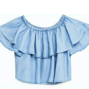 Bershka Denim Collection Off Shoulder Light Blue